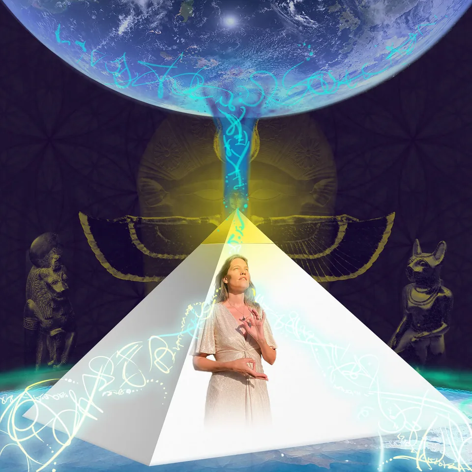Cover art for Light Code Transmission: a figure standing inside a glowing pyramid beneath the Earth, surrounded by Egyptian goddesses