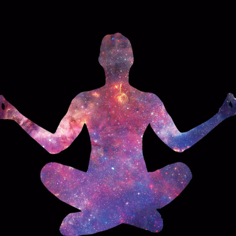 Cover art for Ride Your Lotus: the silhouette of a person meditating in lotus position, filled with a starry galaxy