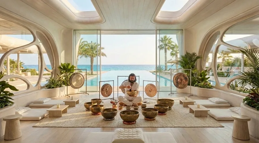 Leo Melcherts seated among singing bowls and gongs, preparing a sound healing session
