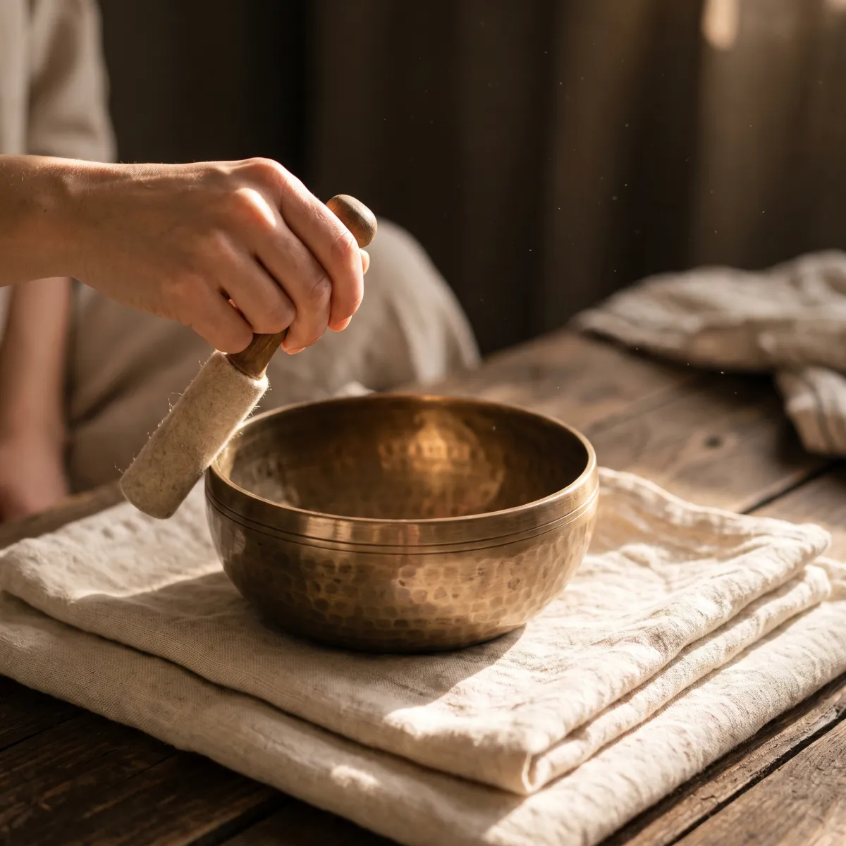 A hand holding a felt mallet beside a hammered bronze singing bowl on folded linen