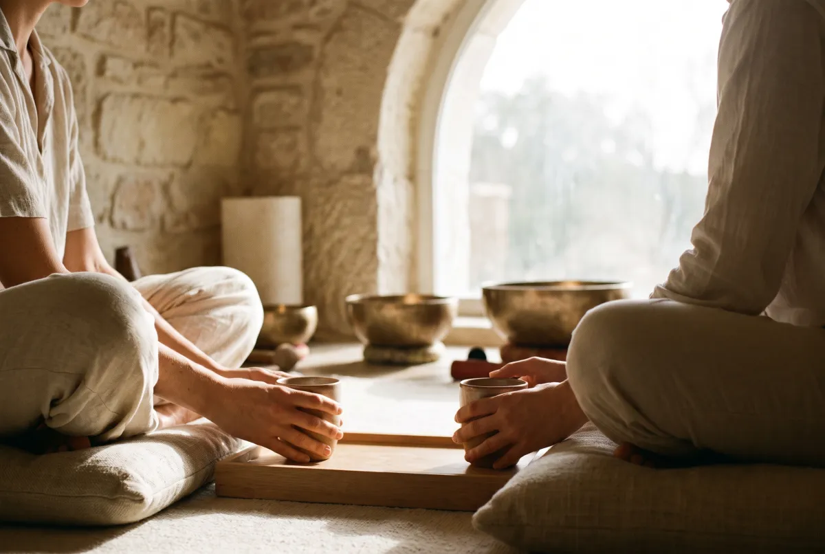 Two people seated on linen cushions with cups of tea between them, talking before a session
